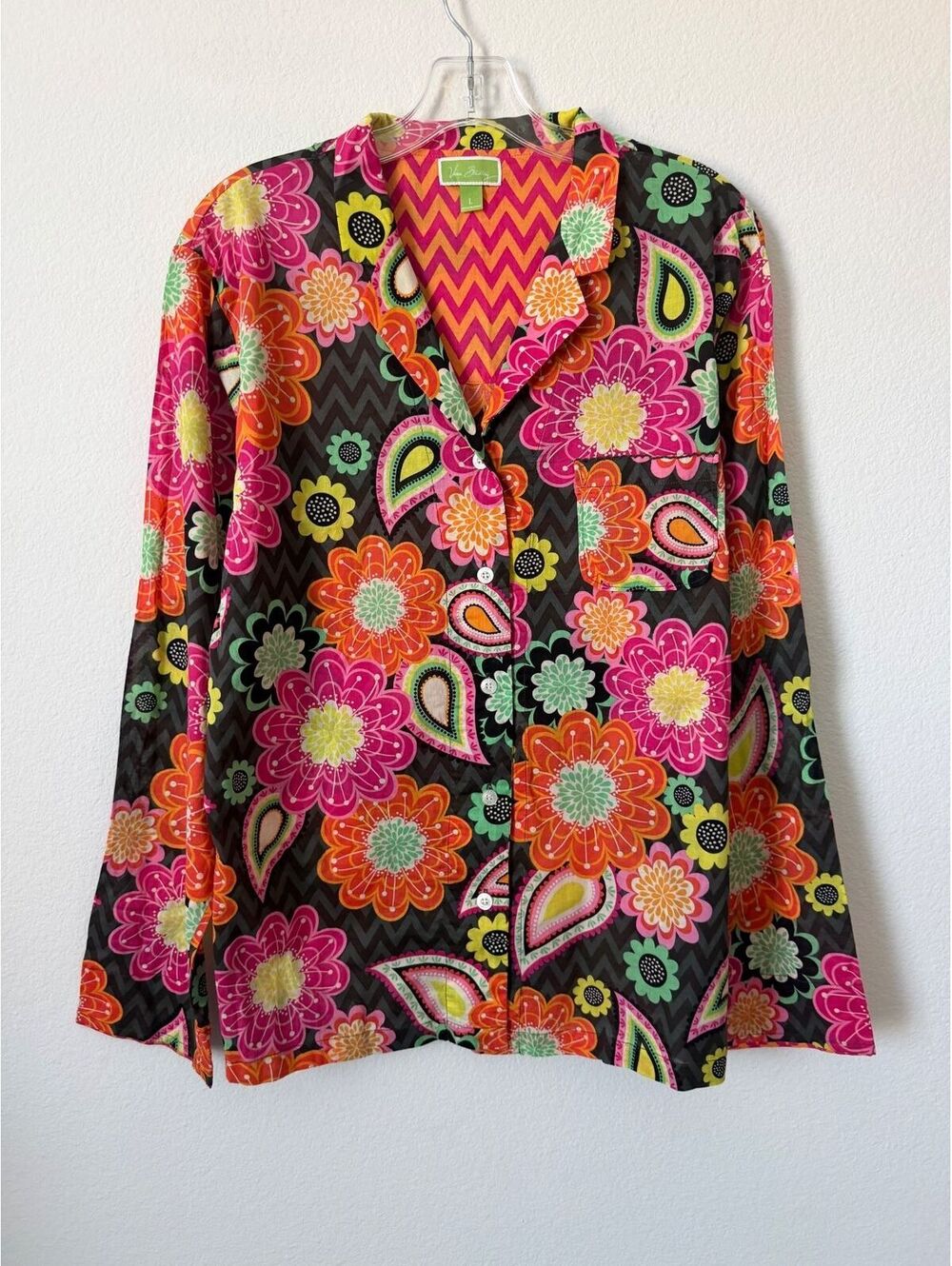 Vera Bradley Long Sleeve Button Up Cotton Colorful Floral Pajama Shirt Size L